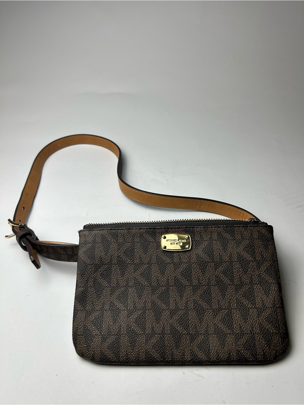 Michael Kors Brown Monogram Waist Belt Bag with Tan Strap